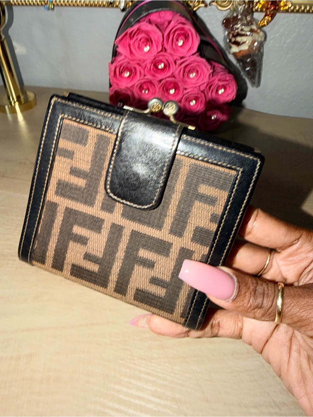 Fendi Brown and Black FF Logo Bifold Kisslock compact Wallet
